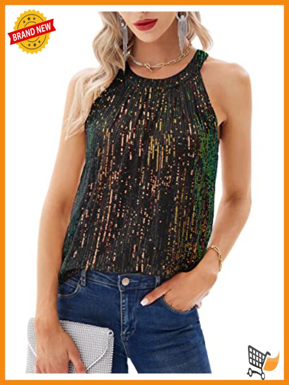 Sequin Halter Tank Top Sleeveless Ruched Sparkly Party Club Blouse